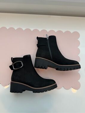 Blondo Black Buckle Lug Sole Ankle Boots